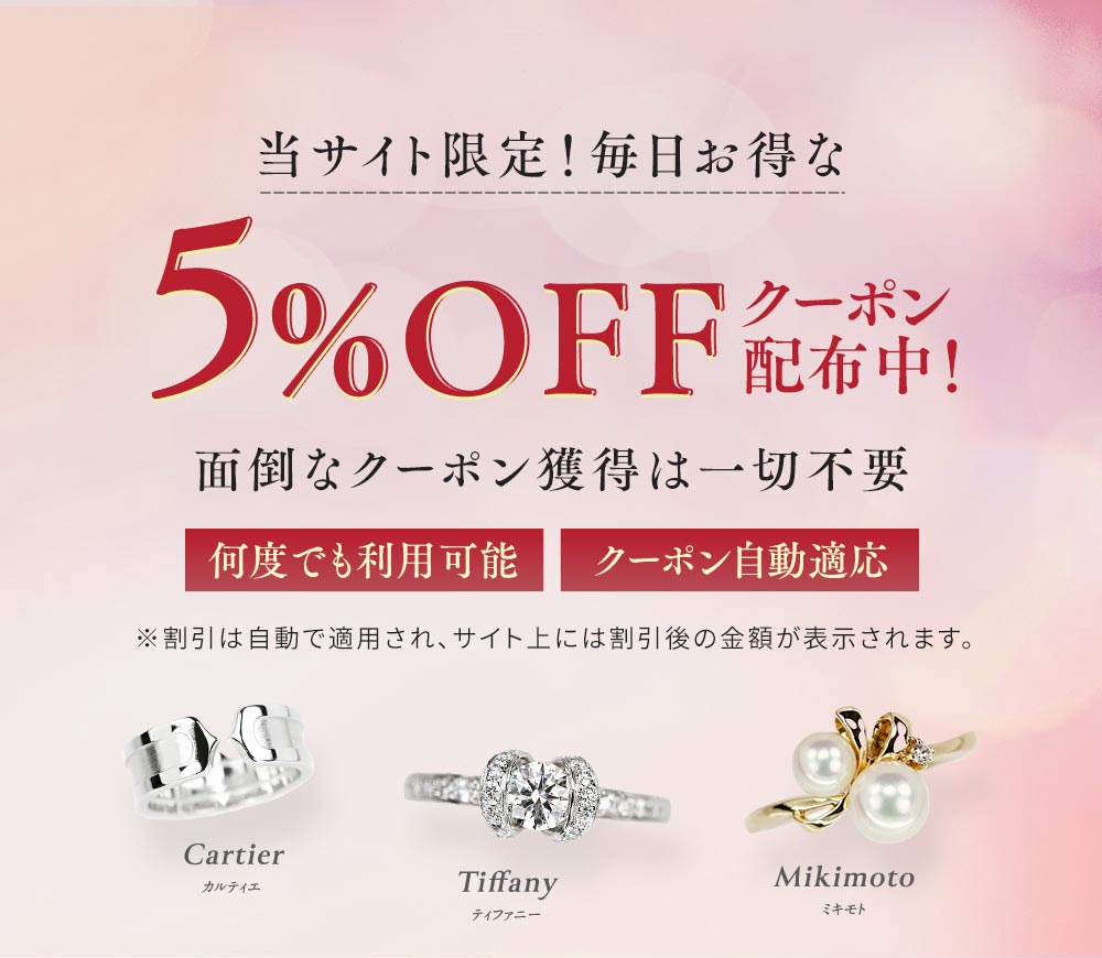 当サイト限定!毎日お得な5%OFFクーポン配布中! 面倒なクーポン獲得は一切不要 何度でも利用可能 クーポン自動適用 割引は自動で適用され、※サイト上には割引後の金額が表示されます。