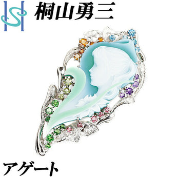 桐山勇三 アゲート ペンダントブローチ マルチカラーストーン Pt900 女性 人間 横顔 透かし 花 フラワー 作家 デザイナー |プラチナ 上品 ゴージャス かわいい おしゃれ【中古】【SH108528】