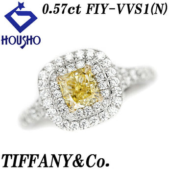 Tiffany Soleste Cushion Cut Yellow Diamond Double Halo Engagement Ring 0.57ct Pt950 Modified Cut Graded Certificate TIFFANY&amp;Co. | 18K [Used] [SH110868]