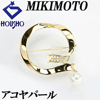 ミキモト アコヤパール ブローチ 7.4mm ダイヤモンド K18YG リボン 円 サークル MIKIMOTO | 18金 ダイアモンド あこや真珠 白真珠 和珠 デイリーユース 上品 エレガント かわいい おしゃれ【SH111203】