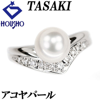 TASAKI Akoya Pearl Ring 8.0mm Diamond Pt900 V-Shape Brand TASAKI | Akoya Pearl White Pearl Japanese Pearl Diamond Cute Stylish [Used] [SH114862]