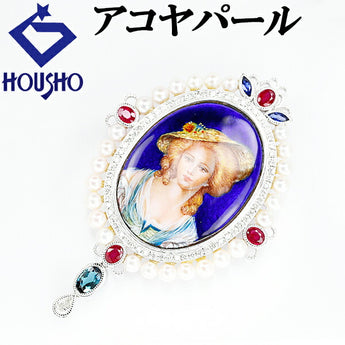 Enamel brooch, Akoya pearl, ruby, tourmaline, sapphire, diamond, K18WG, women, noblewoman, enamel, cloisonne, milgrain, milgrain | 18K gold, Akoya pearl, white pearl, Japanese pearl, luxurious [SH116537]
