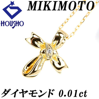 ミキモト ダイヤモンド ネックレス 0.01ct K18YG リボン クロス 十字架 ブランド MIKIMOTO | 18金 ダイアモンド デイリーユース かわいい おしゃれ【中古】【SH119839】