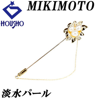 MIKIMOTO Freshwater Pearl Pin Brooch 6.2mm Diamond K18YG Leaf Plant Botanical Lapel Pin Brand MIKIMOTO | 18K Gold Freshwater Pearl White Pearl Diamond Cute Stylish [Used] [SH119846]