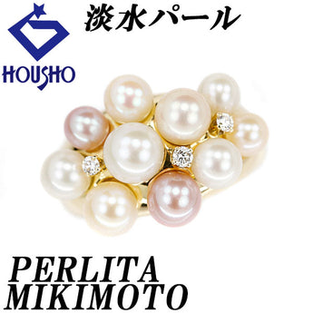 Perlita Mikimoto Freshwater Pearl Ring 3.6mm-5.1mm Diamond K18YG Brand PERLTA MIKIMOTO | 18K Freshwater Pearl White Pearl Diamond Cute Stylish [Used] [SH120131]