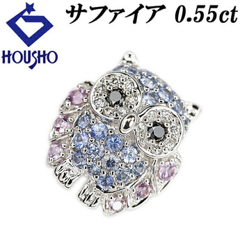 Sapphire pendant top 0.55ct diamond K18WG owl bird animal | 18K sapphire diamond daily use cute stylish [used] [SH120859]