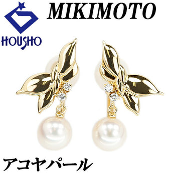 ミキモト アコヤパール イヤリング 7.1mm ダイヤモンド K18YG リボン ブランド MIKIMOTO | 18金 あこや真珠 白真珠 和珠 ダイアモンド デイリーユース かわいい おしゃれ【中古】【SH121714】