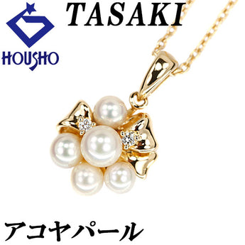 タサキ 田崎真珠 アコヤパール ネックレス 3.6-4.5mm ダイヤモンド K18YG リボン ベビーパール ブランド TASAKI | 18金 あこや真珠 白真珠 和珠 ダイアモンド 上品 かわいい おしゃれ【中古】【SH122739】