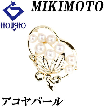 ミキモト アコヤパール ブローチ 5.6mm-7.3mm K14YG 葉 リーフ ボタニカル リボン 透かし ブランド MIKIMOTO | 14金 あこや真珠 白真珠 和珠 上品 エレガント かわいい おしゃれ【中古】【SH122750】