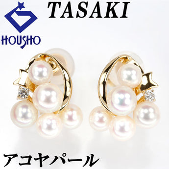 タサキ 田崎真珠 アコヤパール イヤリング 5.0-6.0mm ダイヤモンド K18YG リボン ブランド TASAKI | 18金 あこや真珠 白真珠 和珠 ダイアモンド 上品 エレガント かわいい おしゃれ【中古】【SH122776】