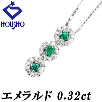 Pre-owned Emerald Necklace with Diamonds, Pt900 and Pt850, Trilogy Style, 3-Strand Set [Product Number: 123016]