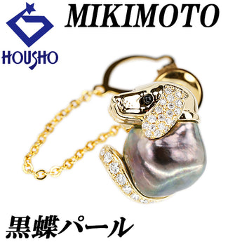 ミキモト 黒蝶真珠(南洋真珠) ブローチ ダイヤモンド オニキス K18イエローゴールド MIKIMOTO ピンブローチ 犬 イヌ ドッグ 動物 アニマル【中古】【124098】