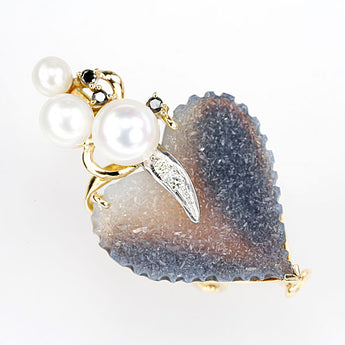 Mari Yamamoto Agate Necklace Diamond Akoya Pearl Onyx K18 Yellow Gold Pt900 MARI YAMAMOTO Artist Designer Brooch Heart 2way Agate [Used] [124842]