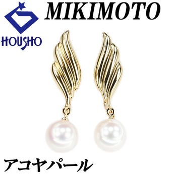 MIKIMOTO Akoya pearl earrings, K18 yellow gold, MIKIMOTO feather [Used] [125071]