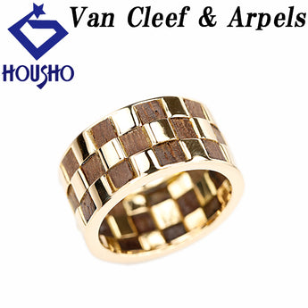 ヴァンクリーフ＆アーペル リング K18イエローゴールド Van Cleef & Arpels #48 ウッド 木 チェッカー 市松模様 太め 幅広【中古】【127695】