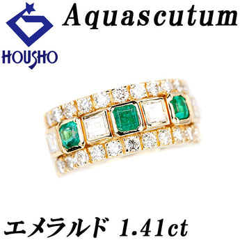 Aquascutum emerald ring, diamond, K18 yellow gold, wide and thick [Used] [900051]