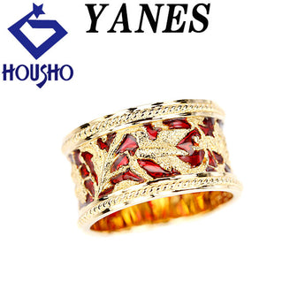 YANES リング K18イエローゴールド ヤーネス エナメル エマイユ 七宝 葉 リーフ 植物 ボタニカル アールヌーヴォー 幅広 太め ロープ【中古】【900069】