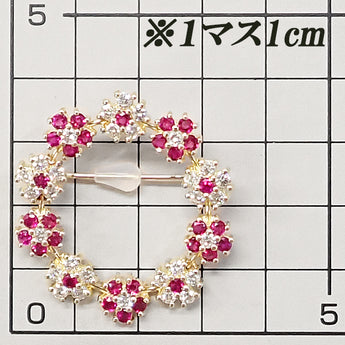 ルビー ブローチ  ダイヤモンド K18イエローゴールド 花 フラワー 植物 ボタニカル リース【中古】【900106】