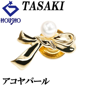 タサキ 田崎真珠 アコヤ真珠 ブローチ K18イエローゴールド TASAKI リボン 一粒パール ピンブローチ【中古】【901645】