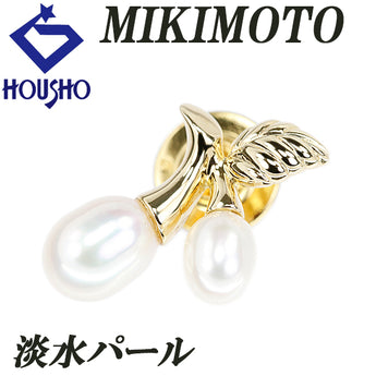 Pre-owned MIKIMOTO freshwater pearl brooch in 18K yellow gold. Cherry, fruit, botanical design. Pin brooch. [Product code: 901649]