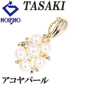 Pre-owned Tasaki Akoya Pearl Pendant Top with Diamond and 18K Yellow Gold Leaf and Botanical Design (Product Code: 901690)