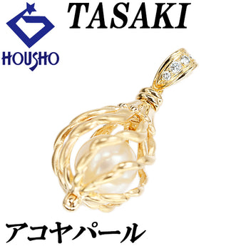 Tasaki Akoya pearl pendant top with diamonds, 18K yellow gold, openwork, matte finish, and basket. [Pre-owned] [Product Code: 901930]