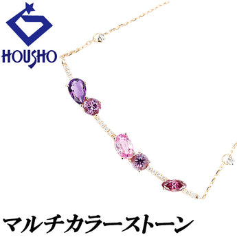 ピンクサファイア ネックレス  ダイヤモンド マルチカラーストーン K18ピンクゴールド マルチカラーストーン カーブ ステーション【中古】【901983】