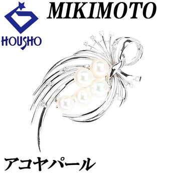 Mikimoto Akoya Pearl Brooch with Diamonds, 14K White Gold, MIKIMOTO Ribbon Bouquet, Openwork [Pre-owned] [902022]