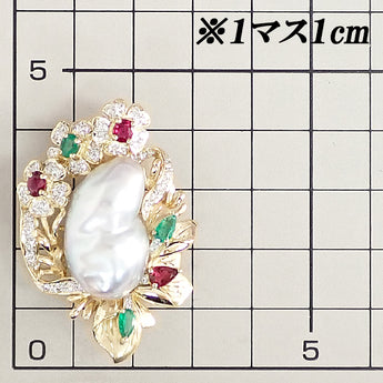 White South Sea Pearl Brooch with Diamond and Multicolor Stones, 18K Yellow Gold and 18K White Gold, 2-Way Pendant Top, Flower, Plant, Botanical Design [Pre-owned] [Product Number: 902025]
