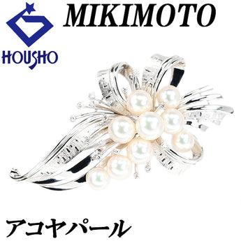ミキモト アコヤ真珠 ブローチ ダイヤモンド K14ホワイトゴールド MIKIMOTO リボン 梨地 マット ツヤ消し【中古】【902984】