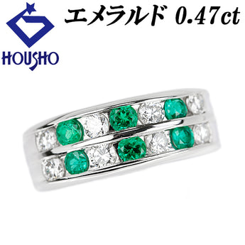 エメラルド リング ダイヤモンド Pt900 二連風　重ね付け風 太め 幅広【中古】【903086】