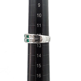 エメラルド リング ダイヤモンド Pt900 二連風　重ね付け風 太め 幅広【中古】【903086】