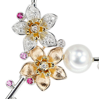 奥井泰子 白蝶真珠(南洋真珠) ネックレス ピンクサファイア ルビー ダイヤモンド K18ホワイトゴールド K18イエローゴールド K18ピンクゴールド 作家 デザイナー 花 フラワー 植物 ボタニカル 梨地 マット ツヤ消し【中古】【903094】