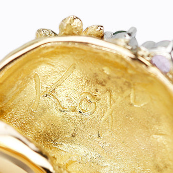 岩倉康二 ピンクサファイア リング ガーネット K18イエローゴールド Pt900 KOJI IWAKURA 作家 デザイナー 女の子 少女 顔 花 フラワー 植物 ボタニカル 梨地 マット ツヤ消し【中古】【903157】